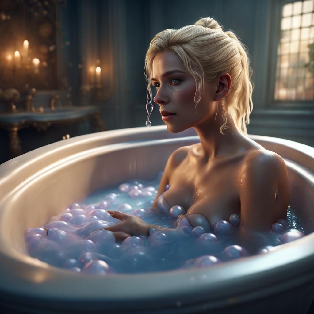 Blonde Woman's Bubble Bath: Detailed Digital Art