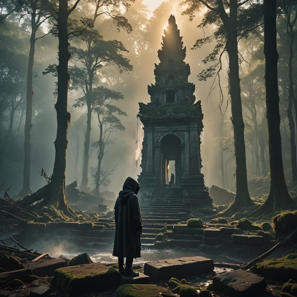 Hooded Figure by Ruined Temple in Misty Forest