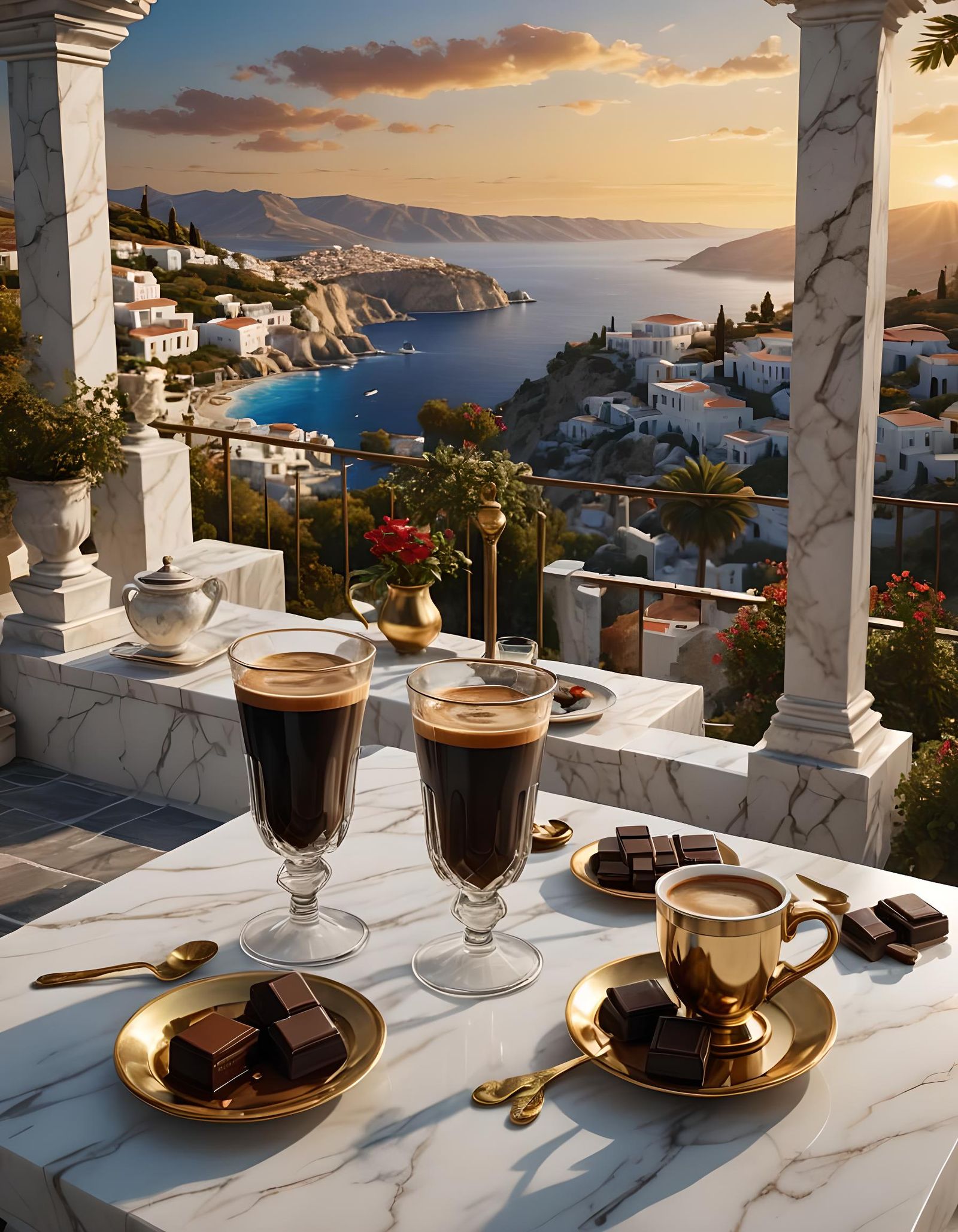 Coffee and Chocolates with Villa View as Impasto Painting