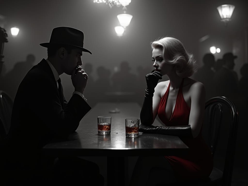 Vintage Film Noir Scene in a Smoky Bar