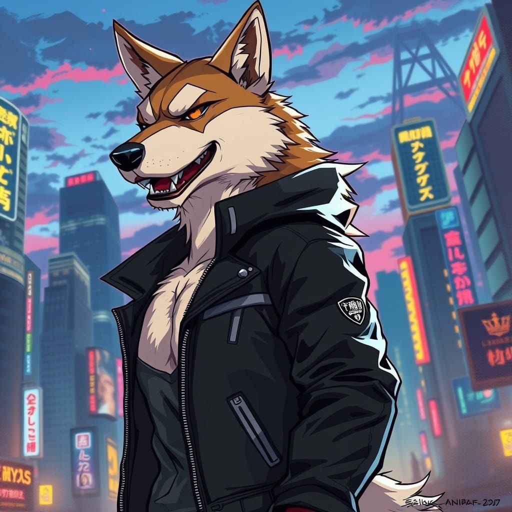 Cyberpunk Dog Hero in Neon City