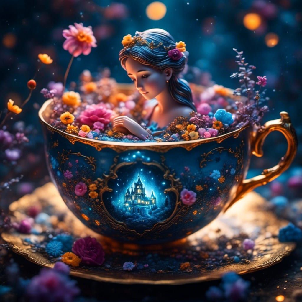 Fairy in Teacup with Flowers as Oil Painting
