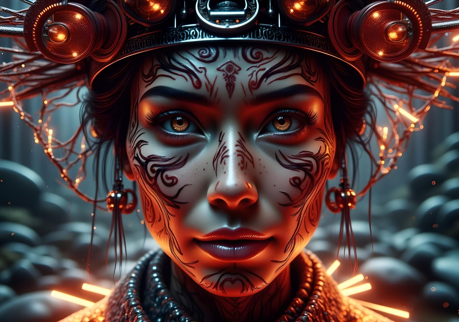 Tattooed Geisha Ultrawarrior Queen with Glowing Energy Lines