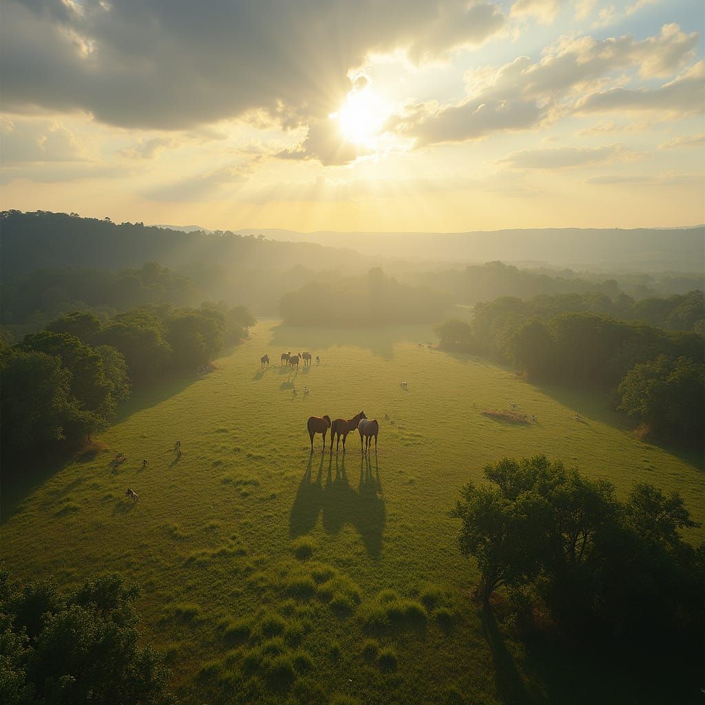 Aerial View of Tranquil Horse Farm in Impressionist Style