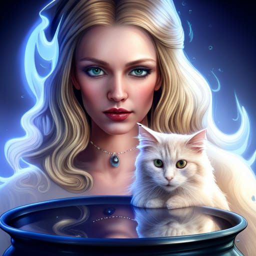 Witch and Cat Reflecting in Mercury Cauldron