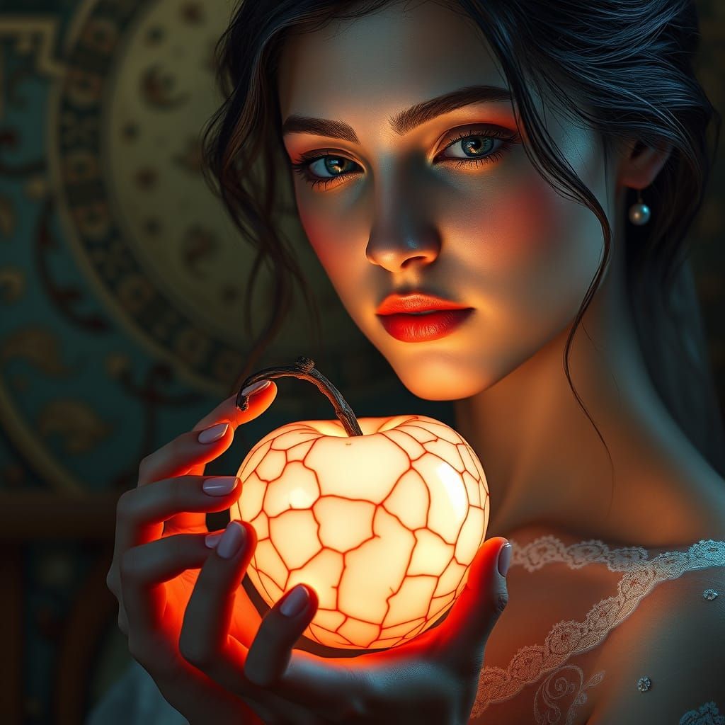 Elegant Woman Holds Kintsugi Apple in Art Nouveau Style