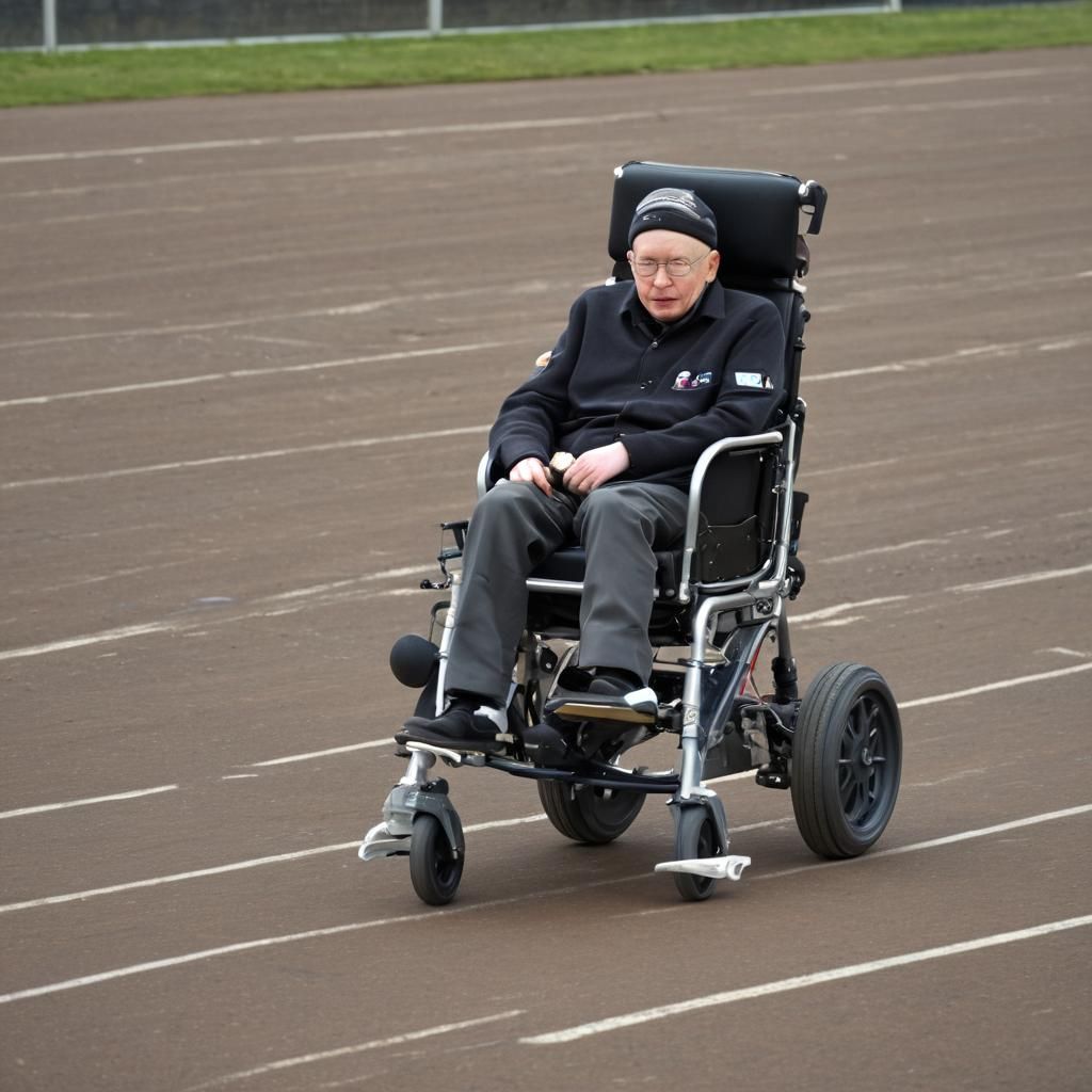 (Stephen Hawking in a rocket powered wheelchair in a race:1....