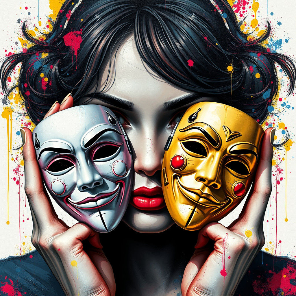 Woman with White and Gold Masks in Graffiti Art Style