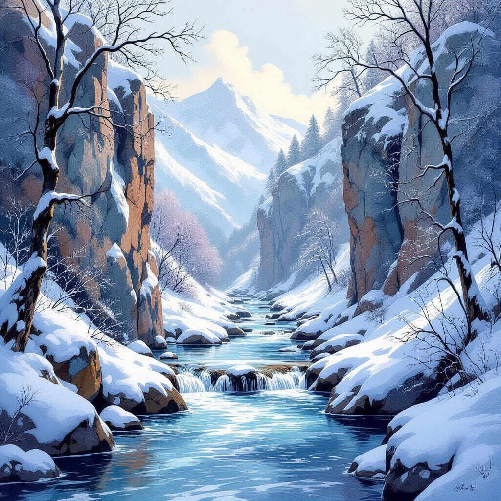 Pastel Winter Mountain Stream Landscape