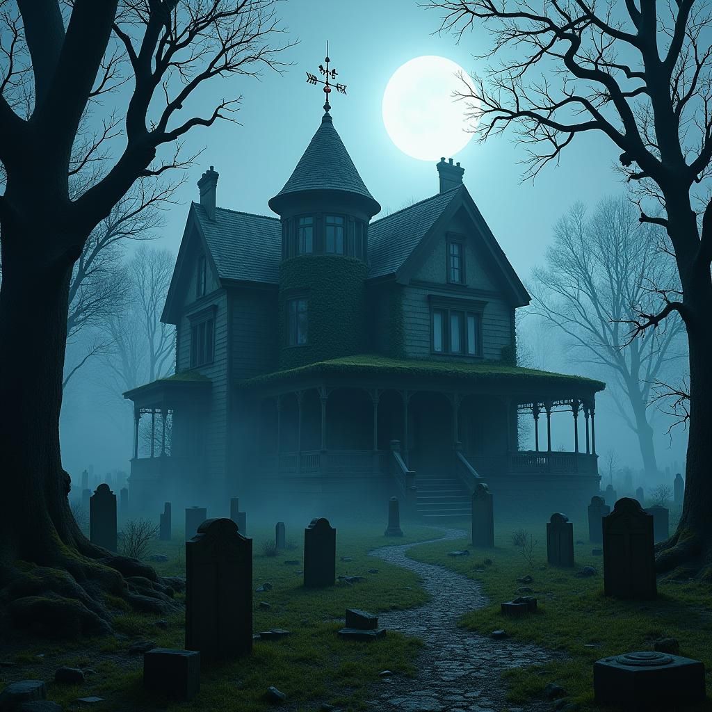 Abandoned Victorian Mansion in Spooky Graveyard