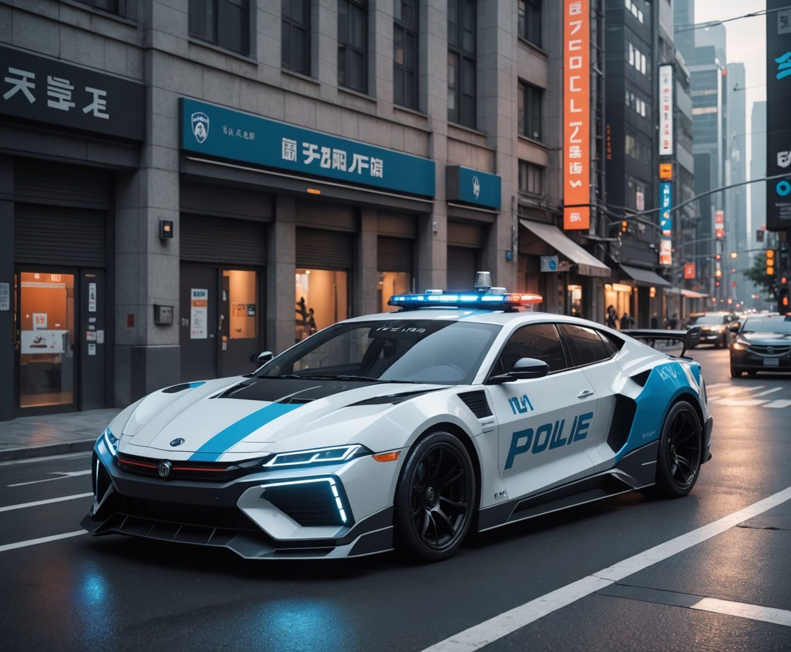 Futuristic police car, city street