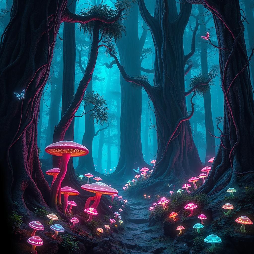 Mystical Forest with Glowing Runes and Cyberpunk Elements