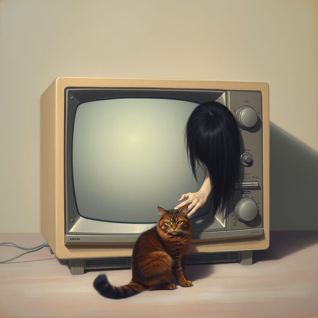 Surreal Oil Painting: Figure Emerges From Vintage TV