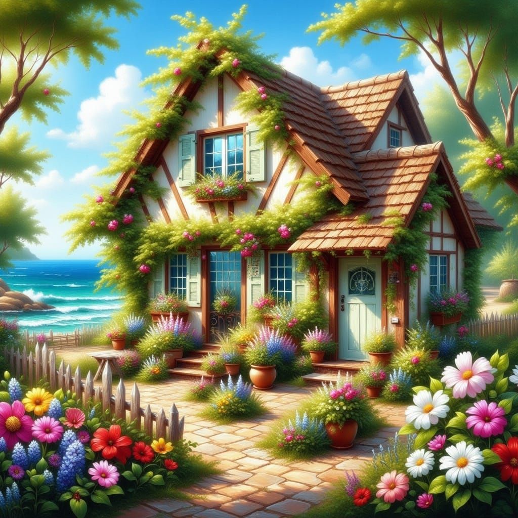 A Charming Seaside Cottage in Vibrant Floral Surroundings