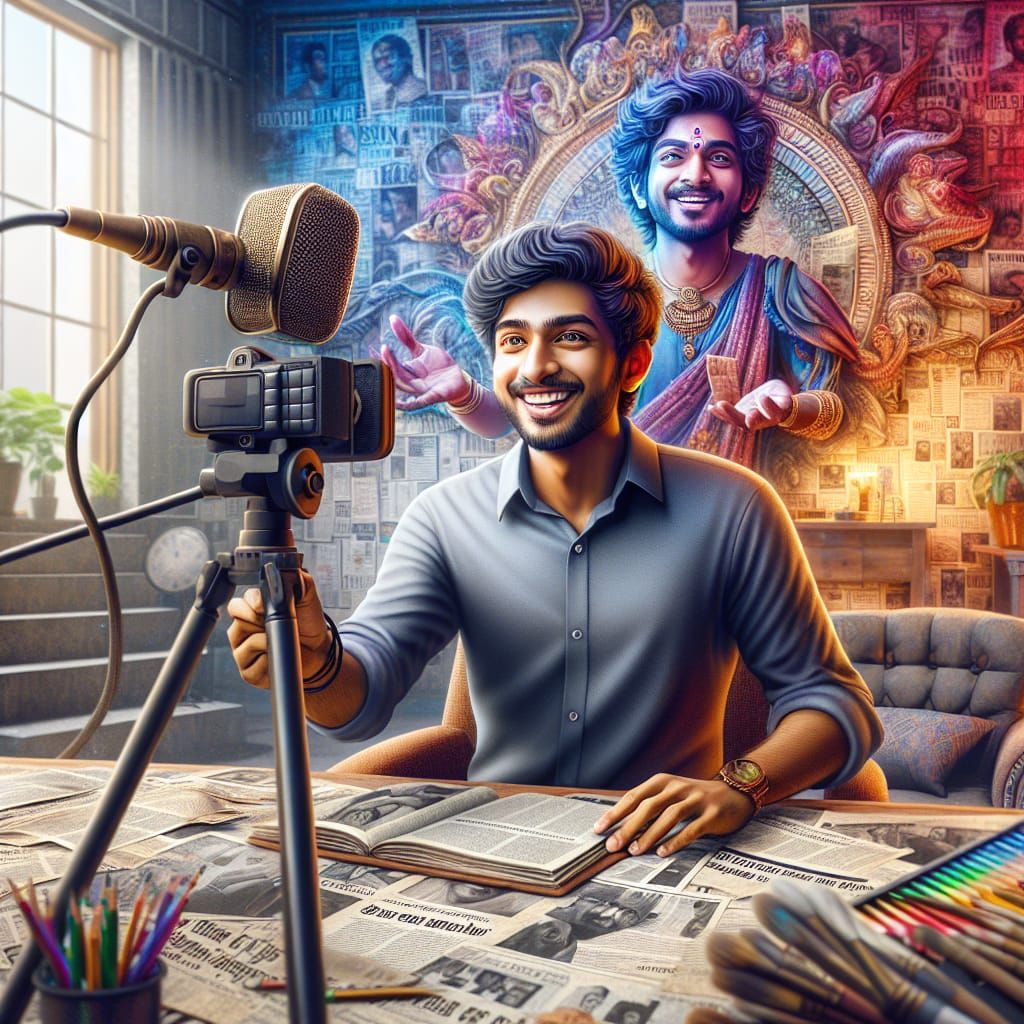 Tamil Vlogger at Work: Newspaper Mural Backdrop