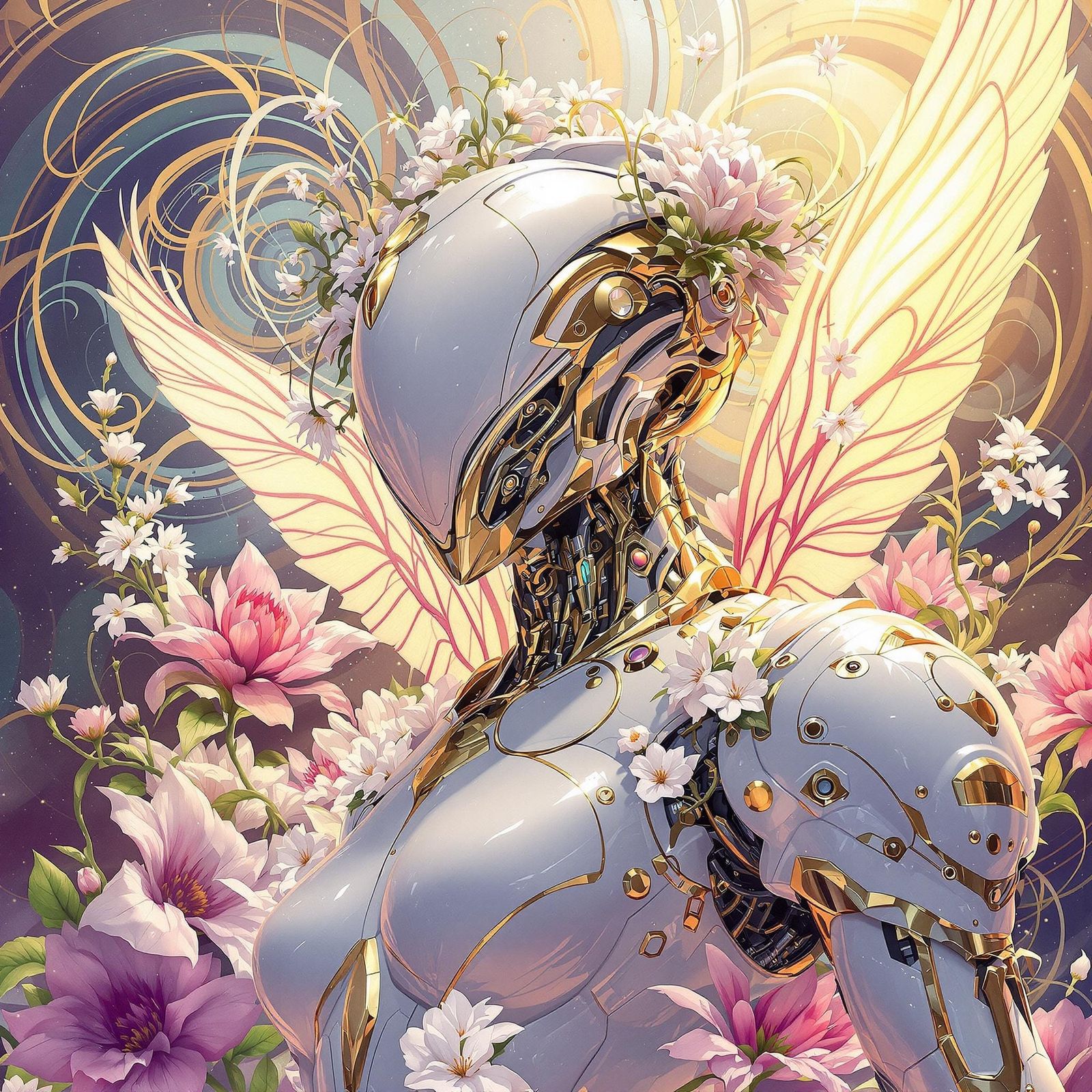 Futuristic Biomechanical Angel with Floral Accents