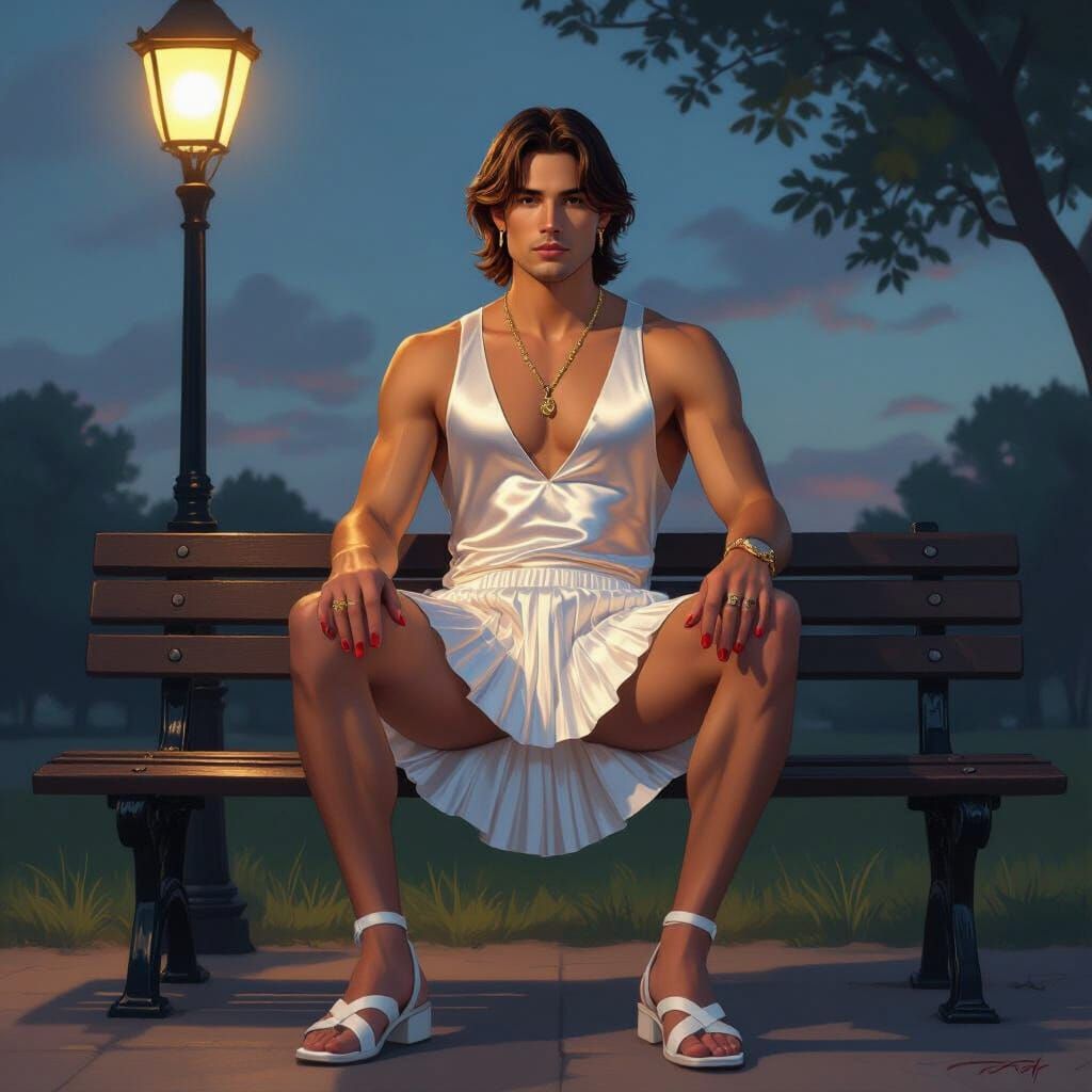 Man in Satin Camisole and Skirt at Dusk