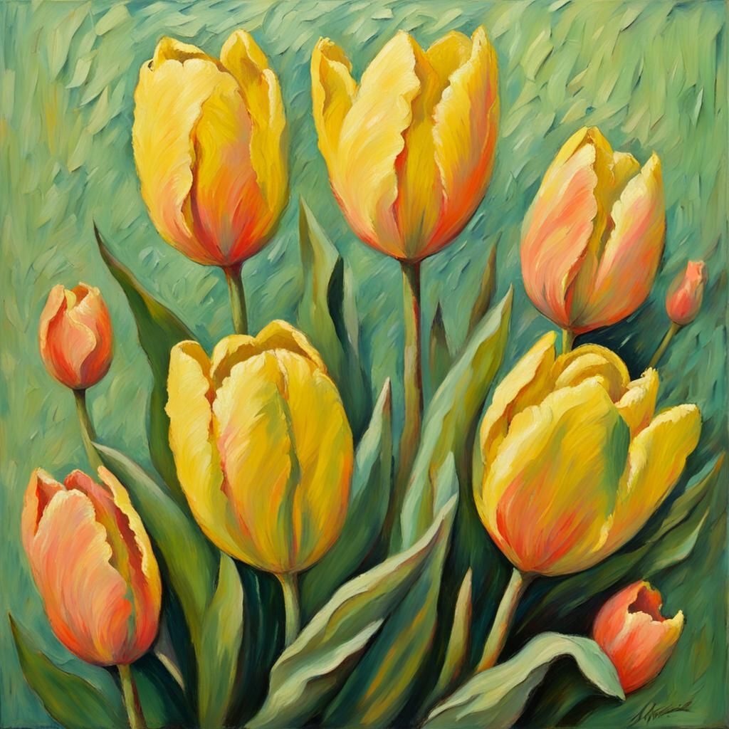 Yellow and Coral Tulips Impasto Oil Painting