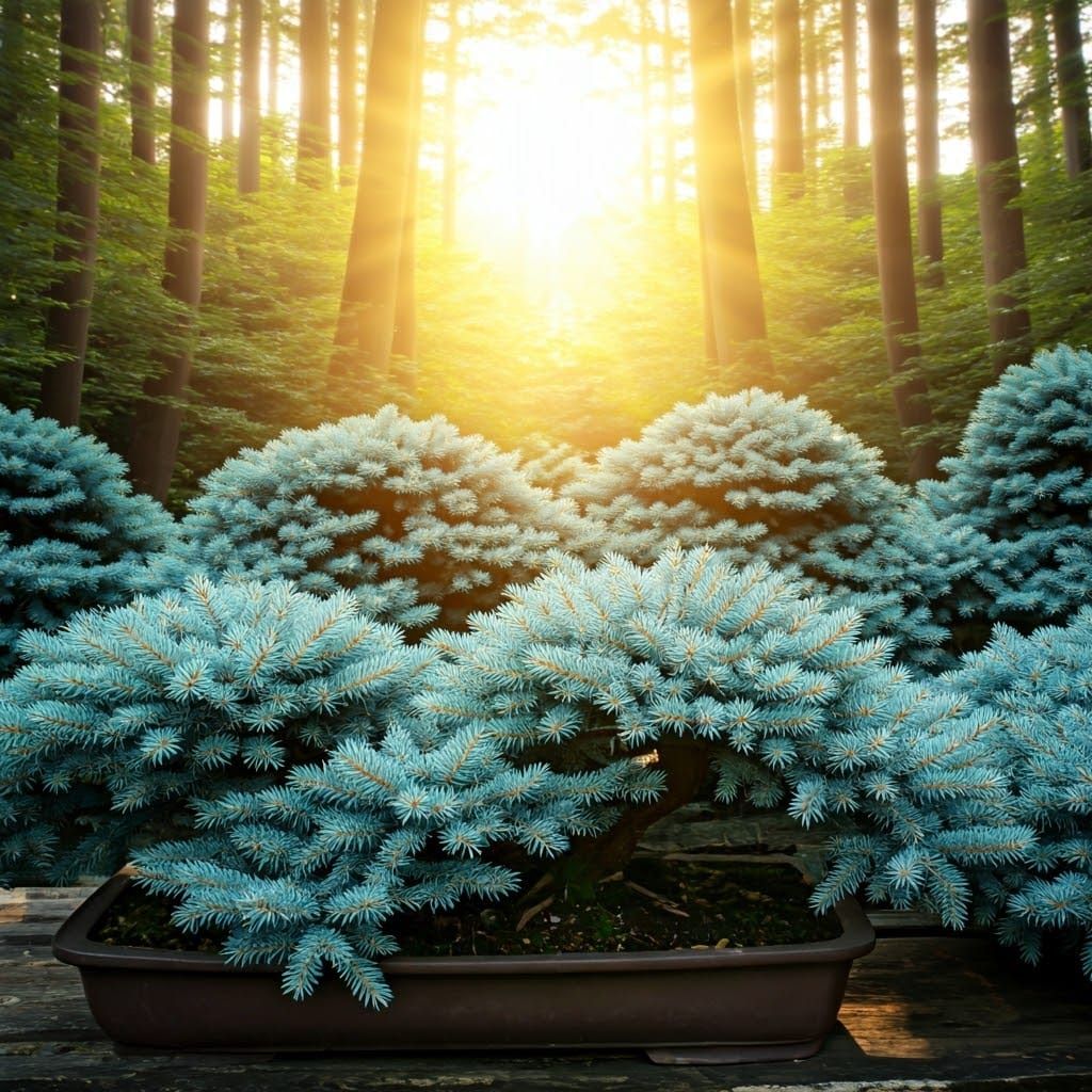 Blue Spruce Bonsai Forest in Japanese Art Style