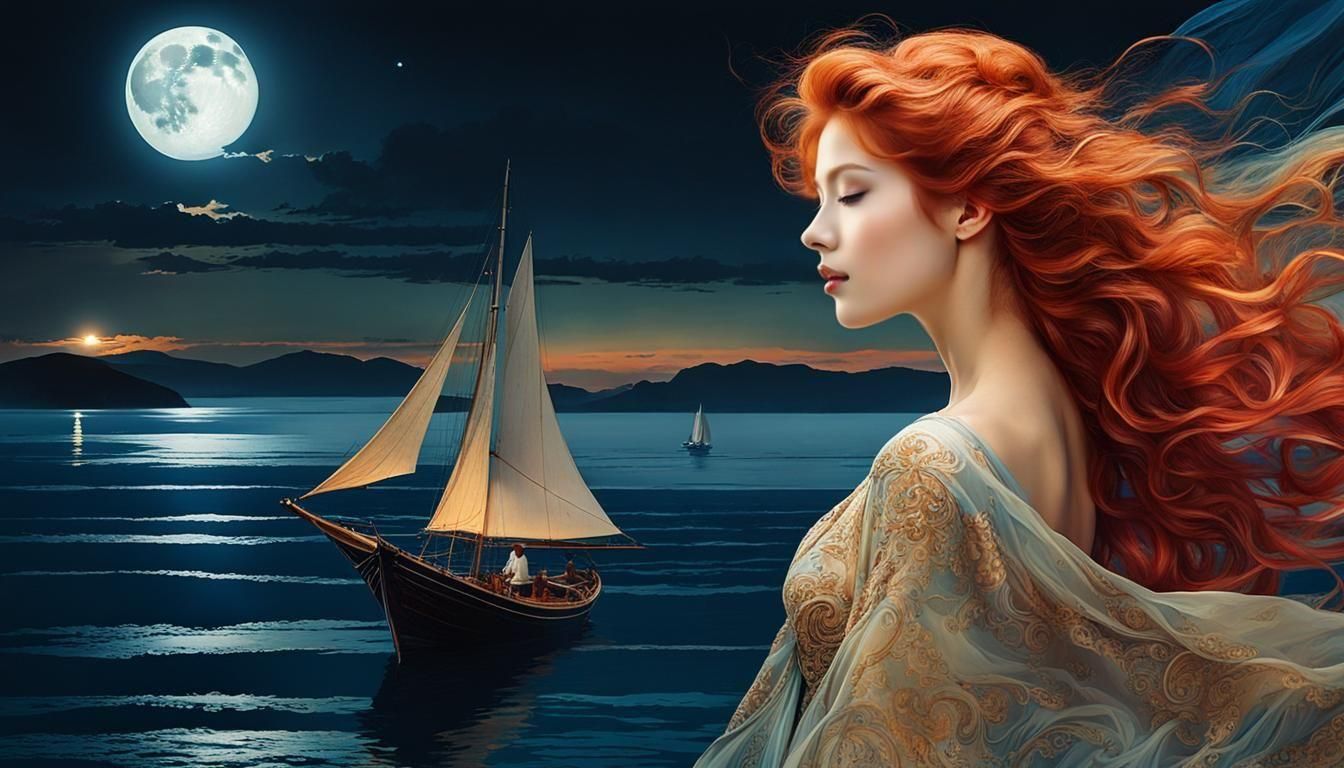 Dreamy Seaside Double Exposure in Art Nouveau Style