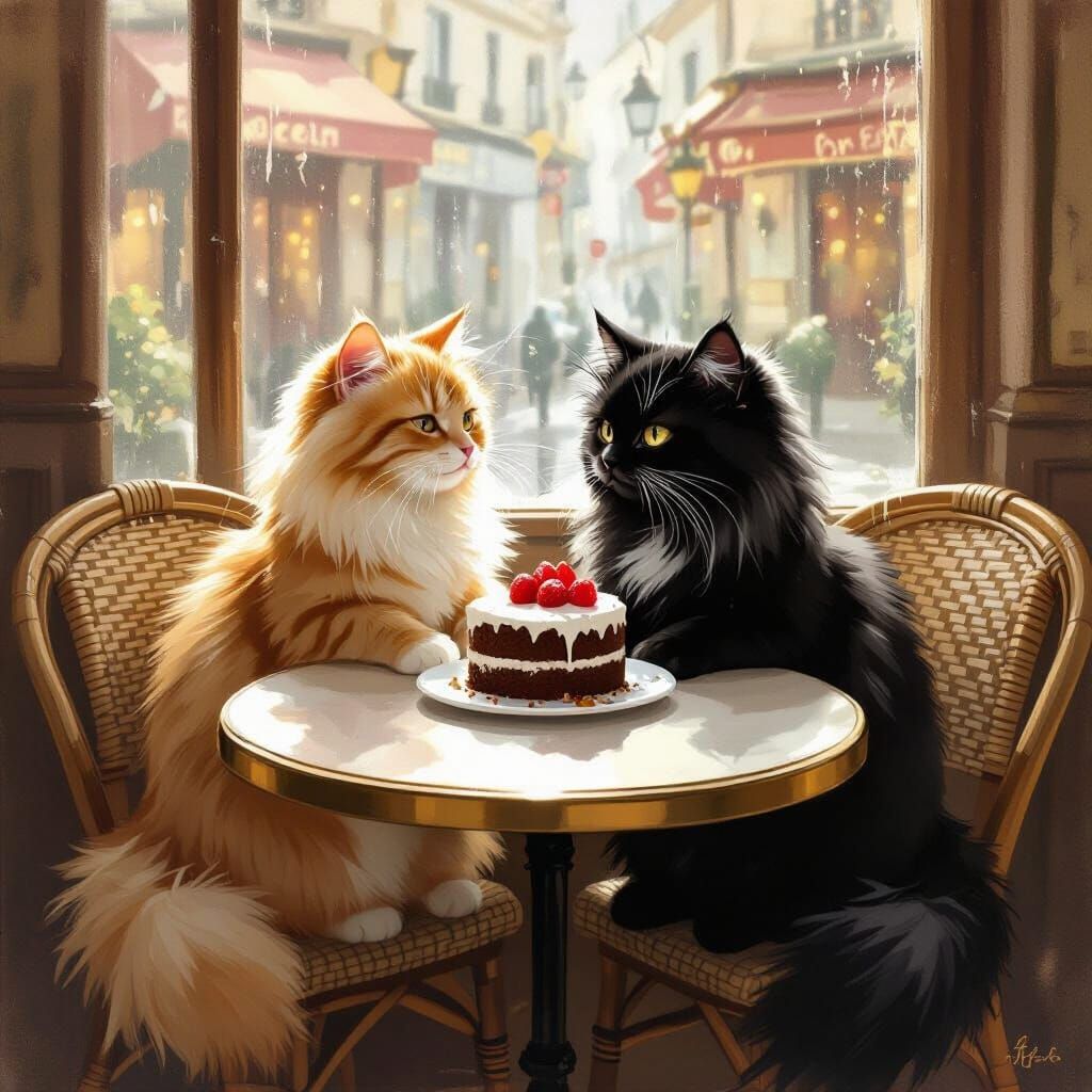 Cats Sharing Cake in Cozy Parisian Cafe, Storybook Style
