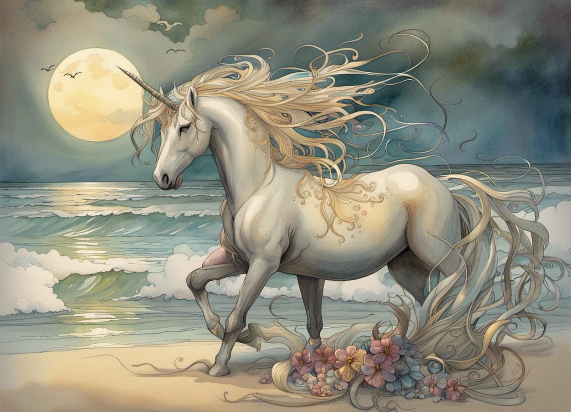 Watercolor Unicorn on a Glimmering Beach