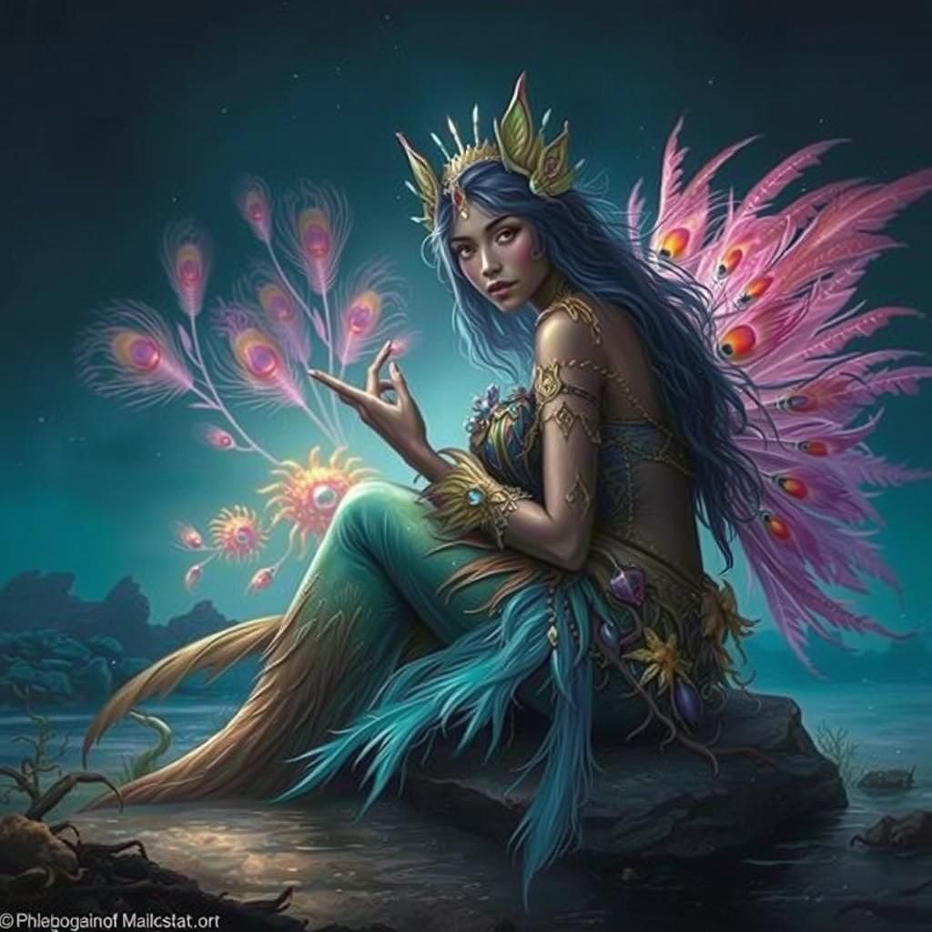 Pink Peacock Feather Mermaid in Dark Fantasy Style