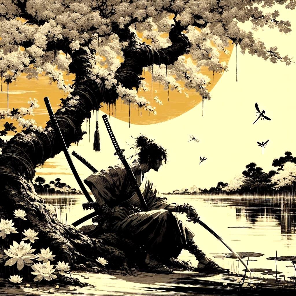 Samurai in Contemplative Repose, Inspired by Sumi-e Ink Pain...