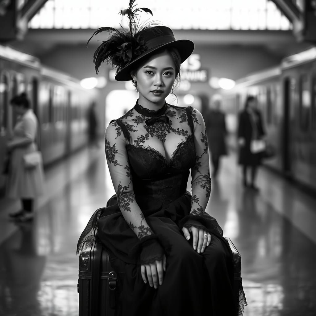 Victorian Woman on Suitcase in Black and White Photo
