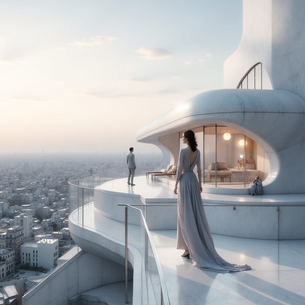 Woman on Balcony Overlooking Futuristic City in Dawn Light
