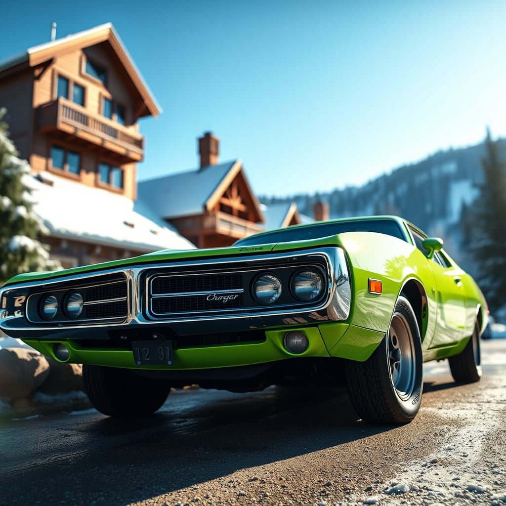 Vintage Lime Green 1972 Dodge Charger in Winter Wonderland