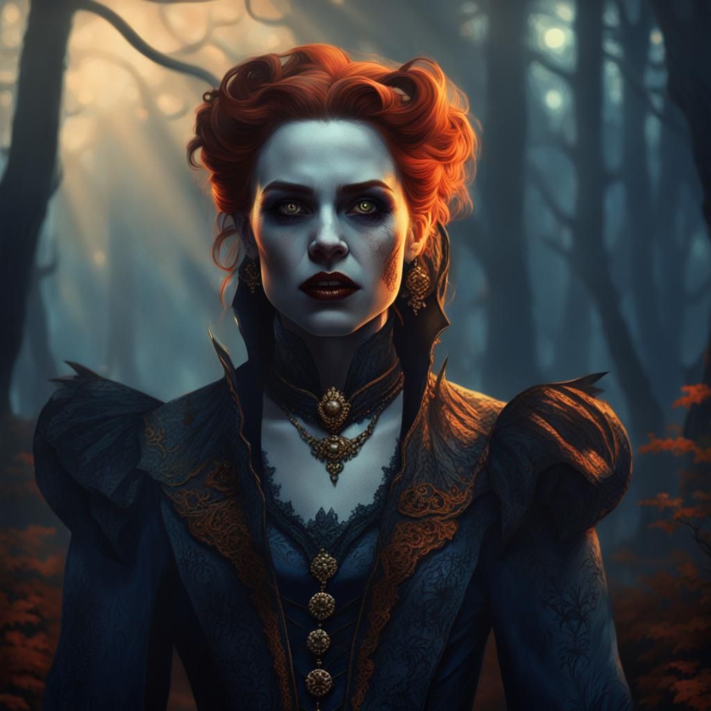Vampire Portrait in Misty Forest, Fantasy Illustration