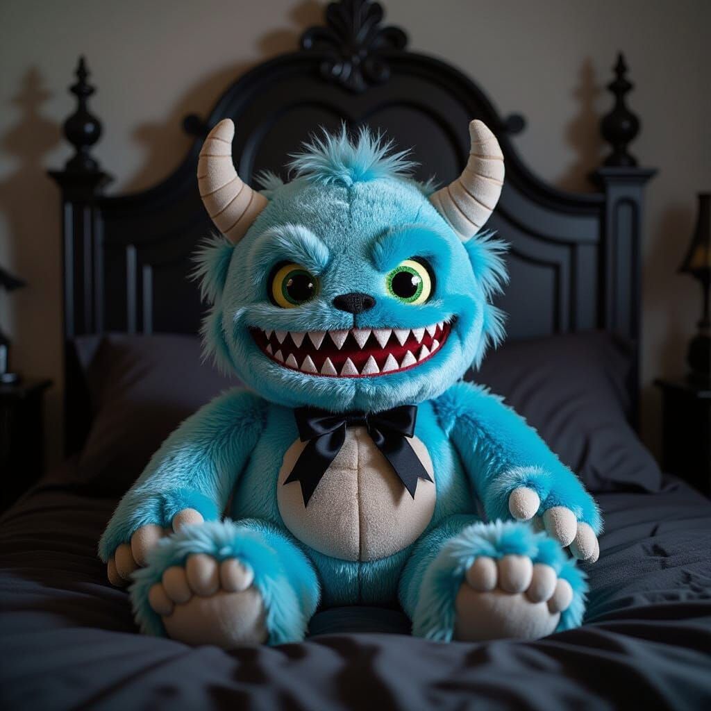Creepy Monster Stuffed Animal on Gothic Bed
