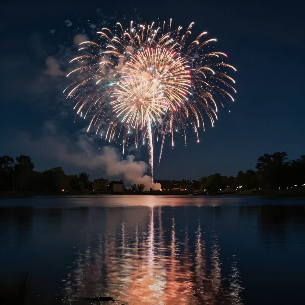 Moonlit Lake Fireworks Reflections in Digital Matte Painting...