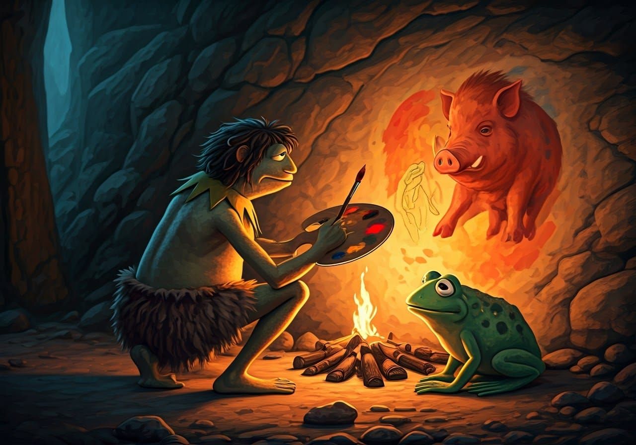 Caveman Artist Paints Vibrant Cave Art of Frogs and Pigs
