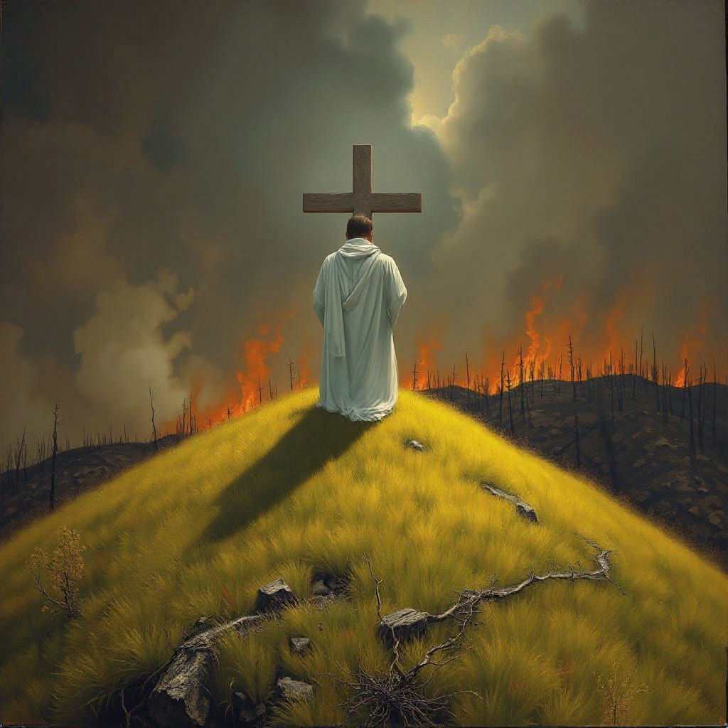 Radiant Cross Amidst a Destroyed Forest