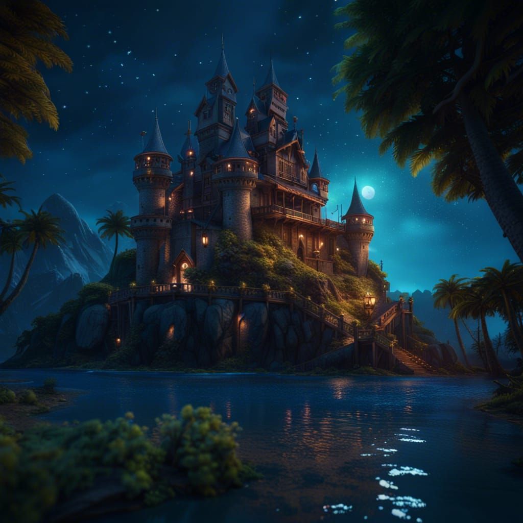 Fantasy Castle on Island Paradise in Detailed Matte Painting