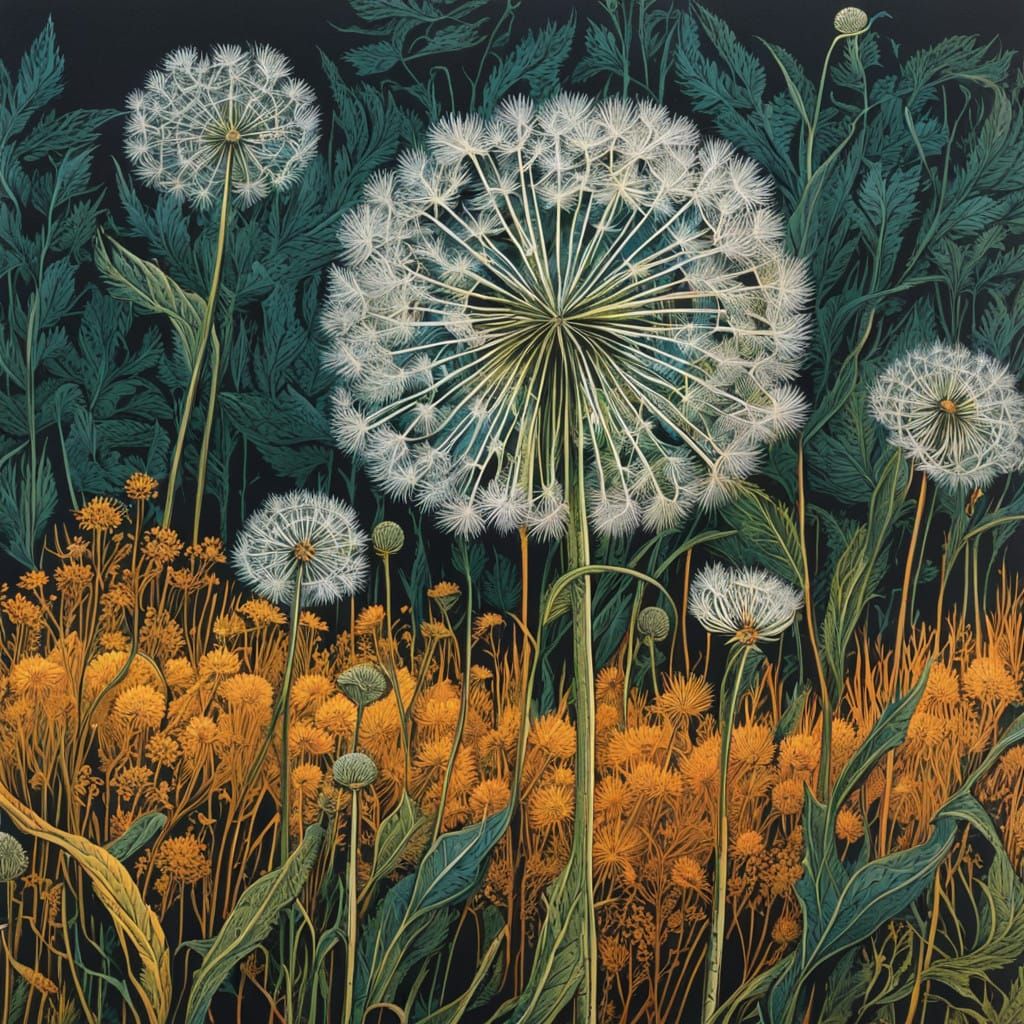 Delicate Dandelion Bloom in Intricate Linocut Style