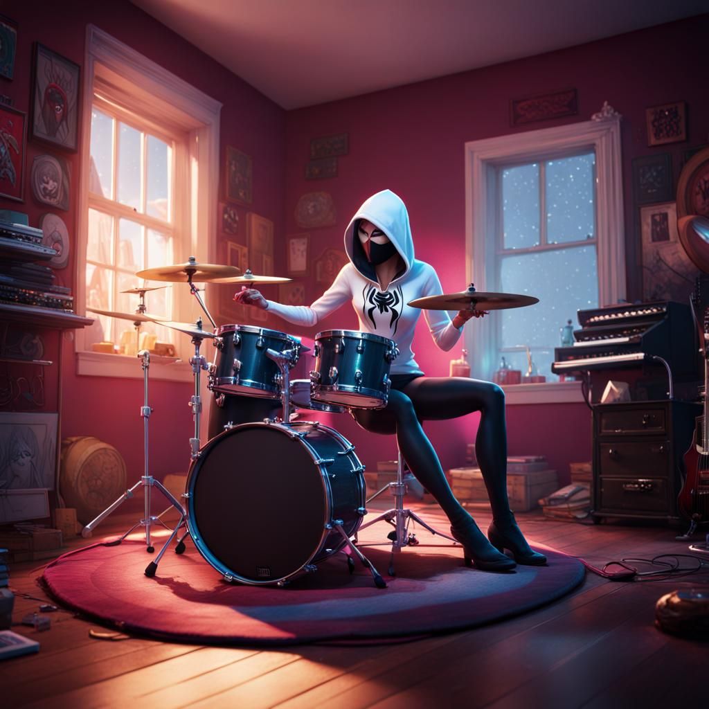 Spider-Gwen on Drums: Detailed Digital Art