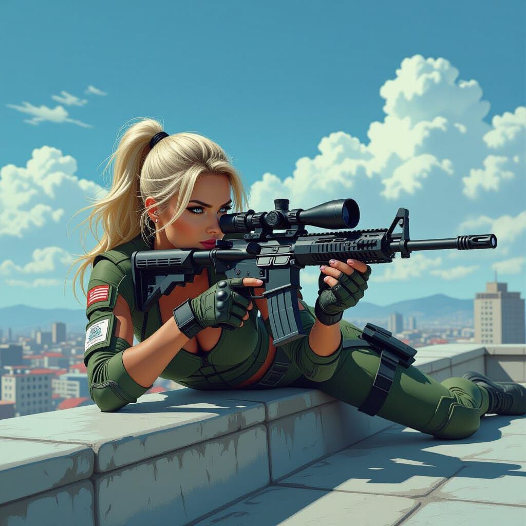 Ninja Woman Sniper on Rooftop in Futuristic Pop Art Style