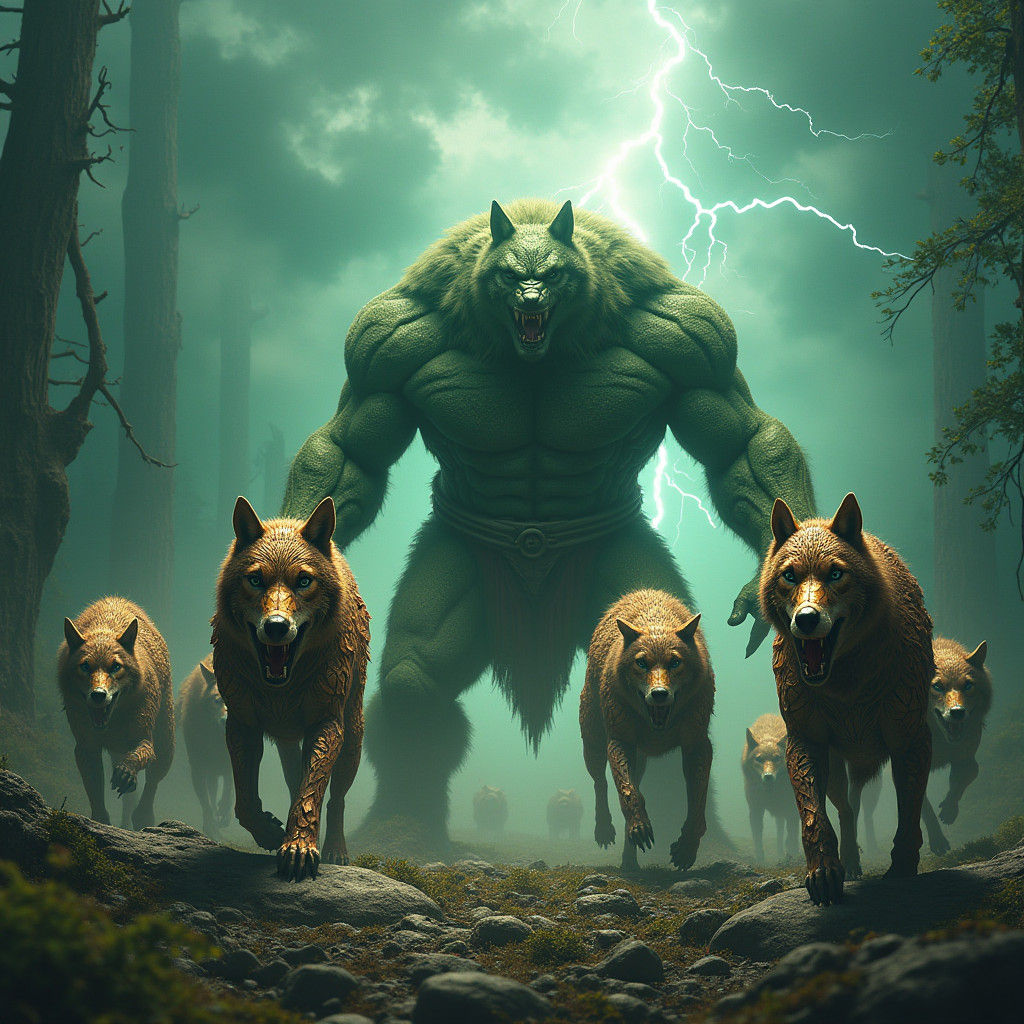 Mechanized Wolves Clash with Ogre in Fantasy World