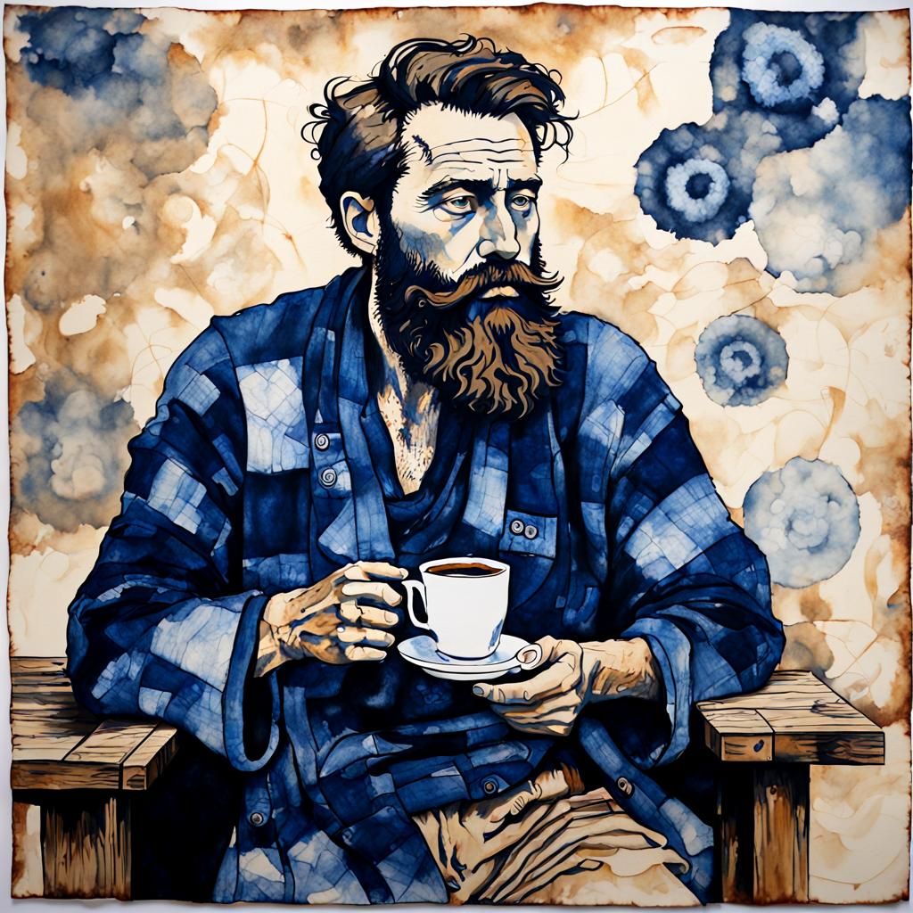 Bearded Man Drinking Coffee in Stencil Style