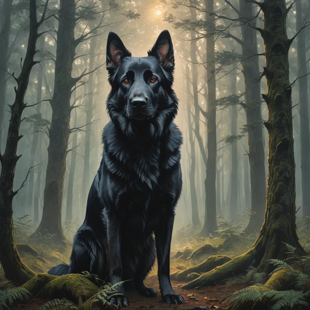 Black German Shepherd in Misty Forest Oil Painting
