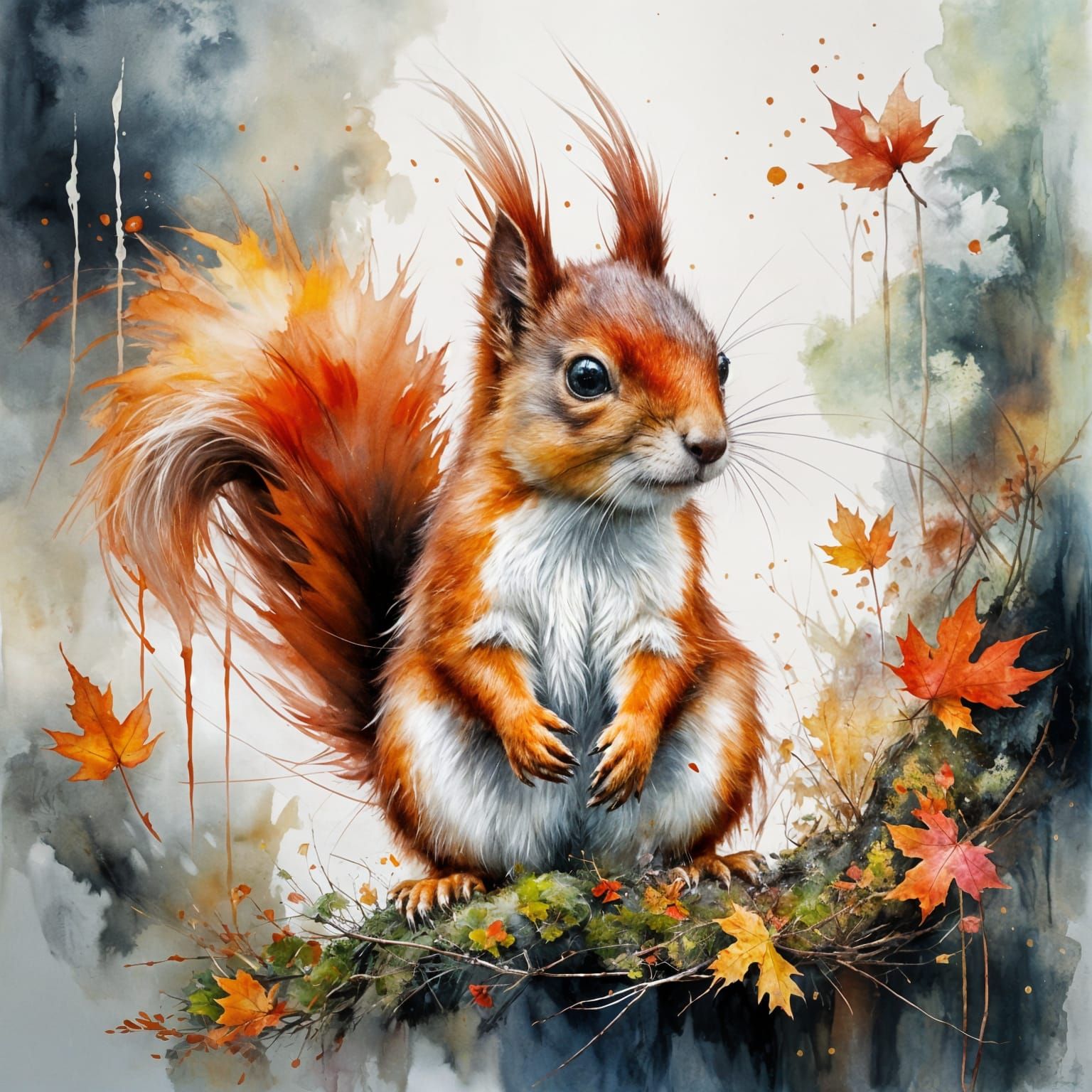 Red Squirrel Kit in Mossy Nest, Autumn Glow, Watercolour Sty...