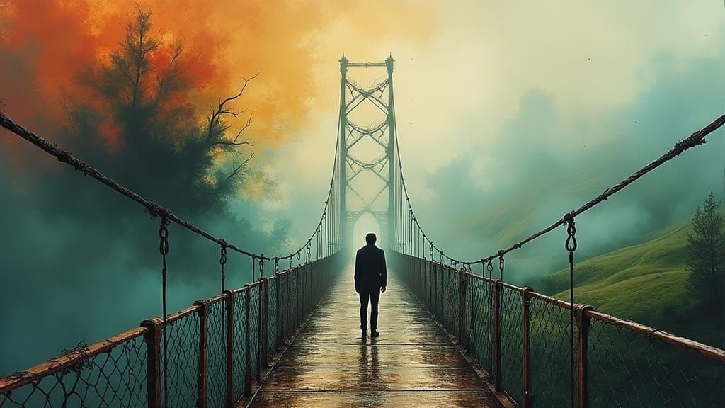 Contrasting Realms: Man on a Bridge in Abstract Art
