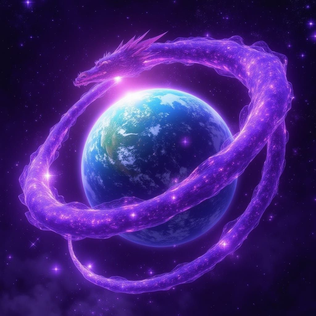 Vibrant Planet with Dragon Energy Rings in Cosmic Art Style