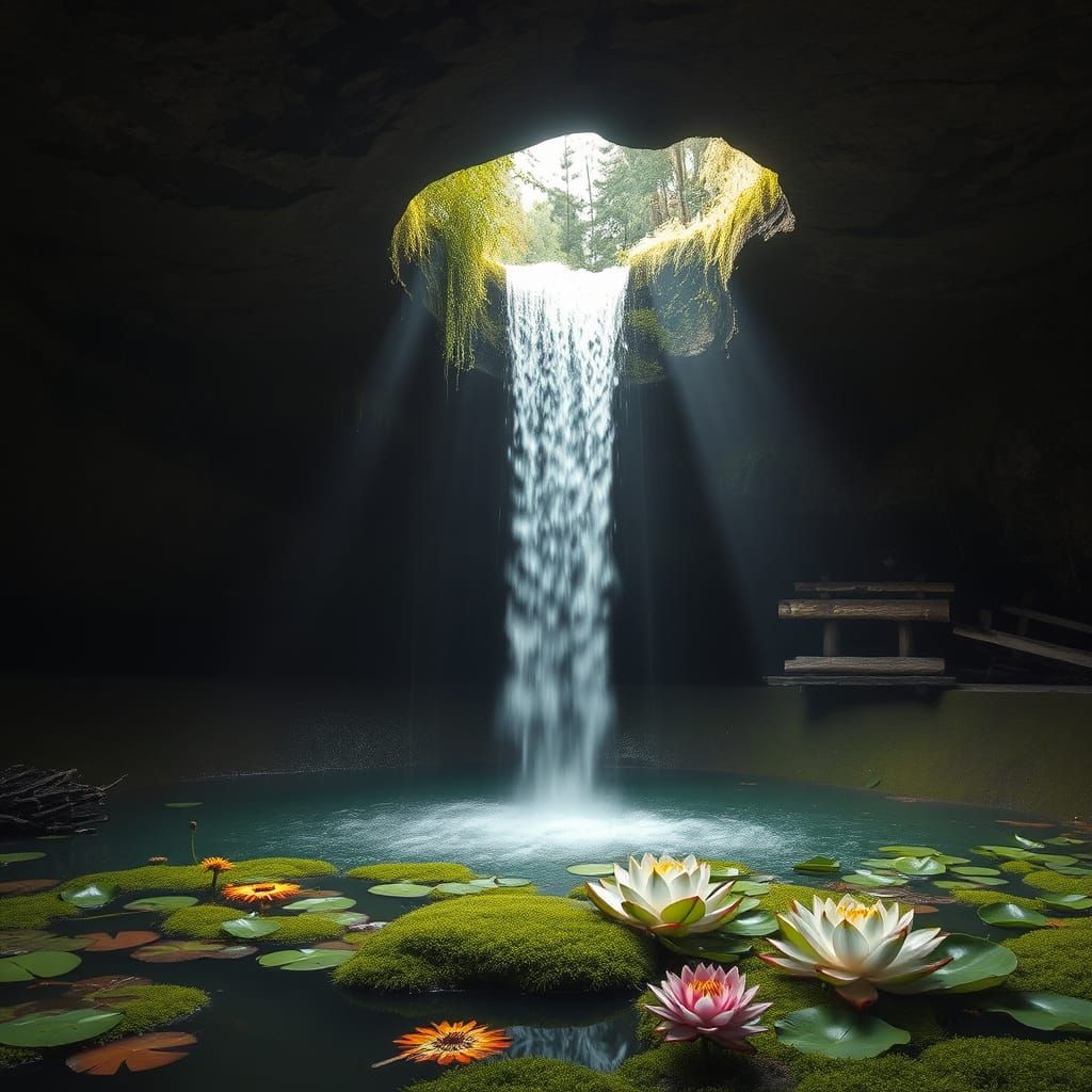 Waterfall Oasis: Ceiling Crack to Lotus Pool