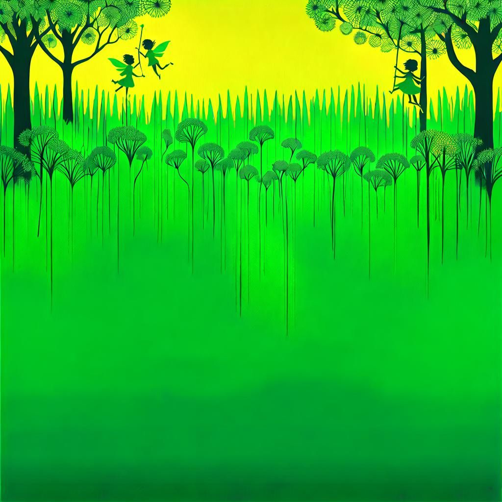 Green Fairies Under Dandelion Trees: Crayon Drawing