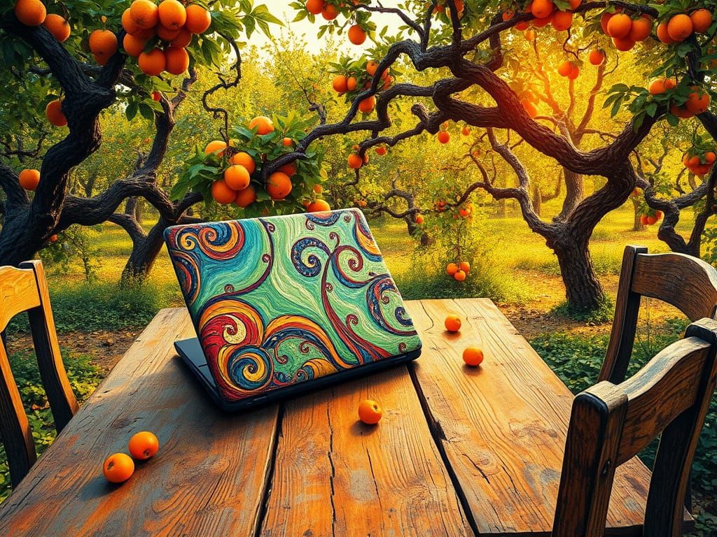 Flemish Expressionist Landscape with Vibrant Wooden Table an...