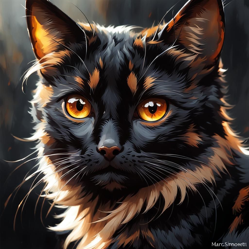 Adorable Fluffy Cat with Amber Eyes, Digital Art